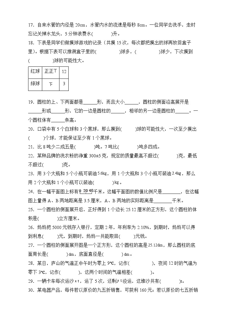 人教版六年级数学下册期末专项复习：填空题（有答案）02