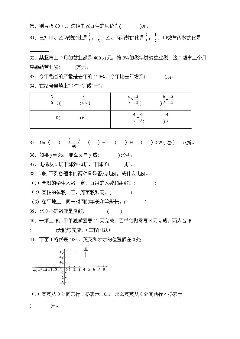 人教版六年级数学下册期末专项复习：填空题（有答案）03