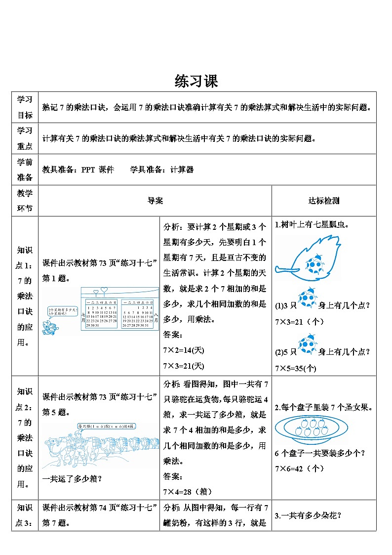 人教版数学2年级上册 6 表内乘法（二）  练习课  PPT课件+教案+导学案01