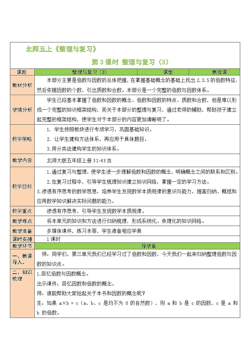 北5数上 整理与复习 第3课时 整理与复习（3）（倍数与因数） PPT课件+教案01