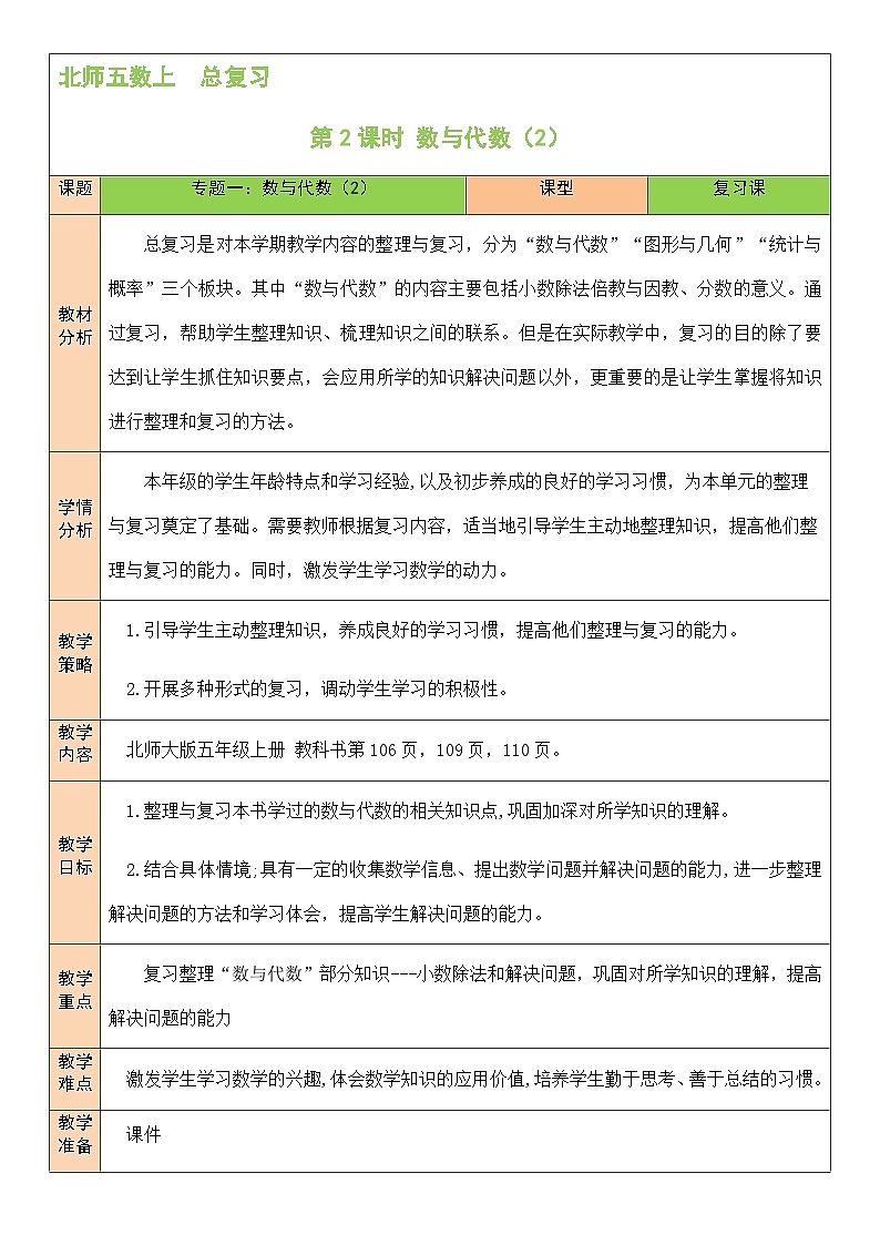 北5数上 总复习 第2课时 数与代数（2） PPT课件+教案01