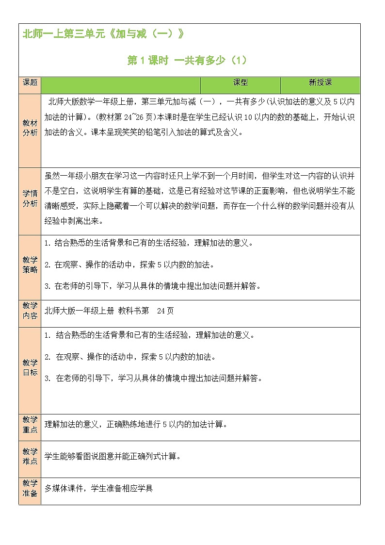 北1数上 三 加与减（一） 第1课时 一共有多少（1） PPT课件+教案01