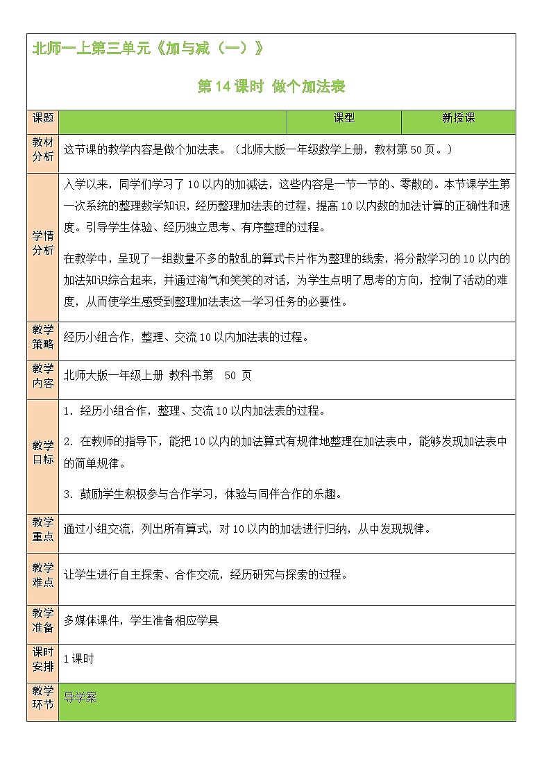北1数上 三 加与减（一） 第14课时 做个加法表 PPT课件+教案01
