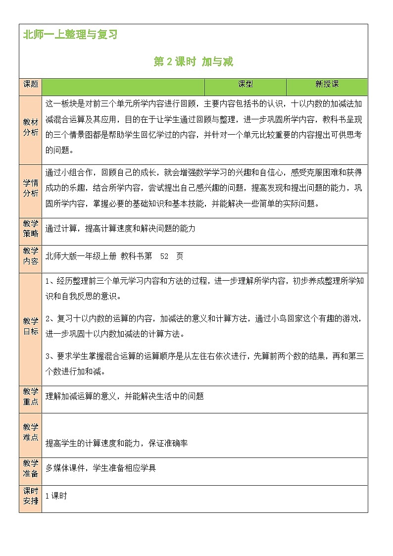 北1数上 整理与复习第2课时 加与减 PPT课件+教案01