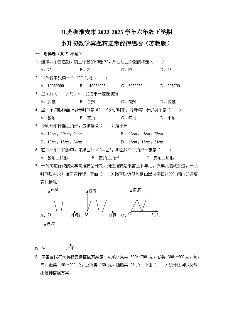 江苏省淮安市2022-2023学年六年级下学期小升初数学真题精选考前押题卷（苏教版）01