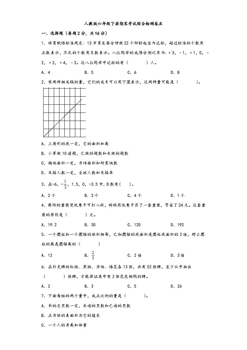 【期末考试】人教版六年级数学下册期末考试综合检测卷五第1页