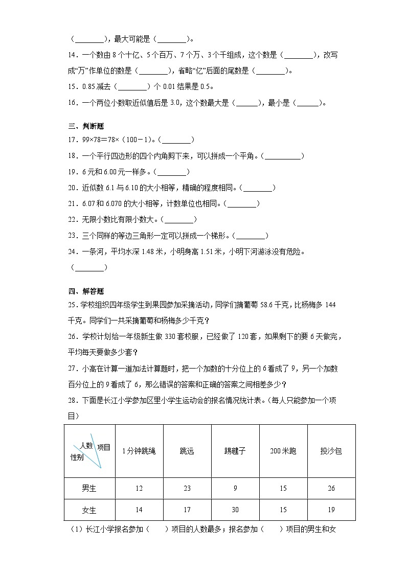 最新人教版四年级数学下册期末复习模拟测试卷（十）附答案第2页