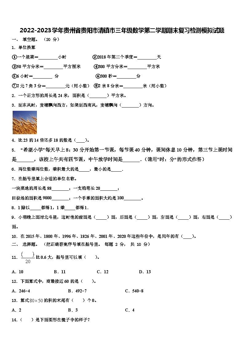 2022-2023学年贵州省贵阳市清镇市三年级数学第二学期期末复习检测模拟试题含解析第1页