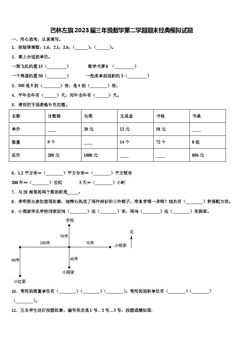 巴林左旗2023届三年级数学第二学期期末经典模拟试题含解析第1页
