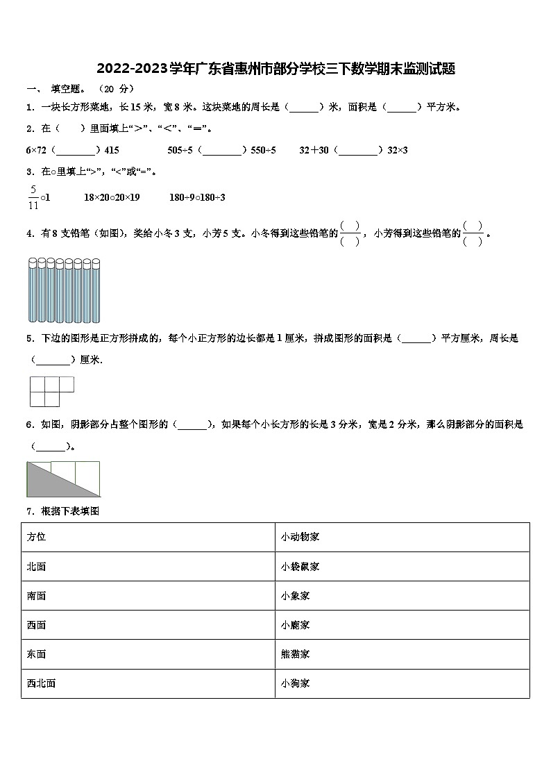 2022-2023学年广东省惠州市部分学校三下数学期末监测试题含解析01