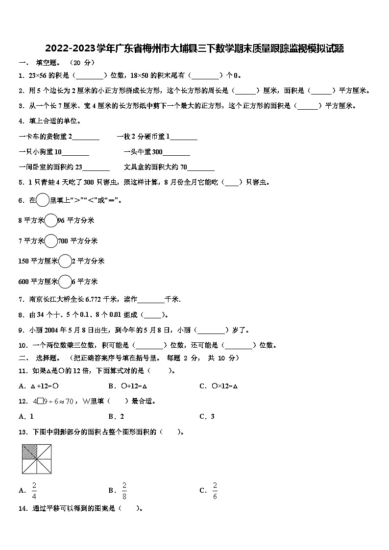 2022-2023学年广东省梅州市大埔县三下数学期末质量跟踪监视模拟试题含解析第1页