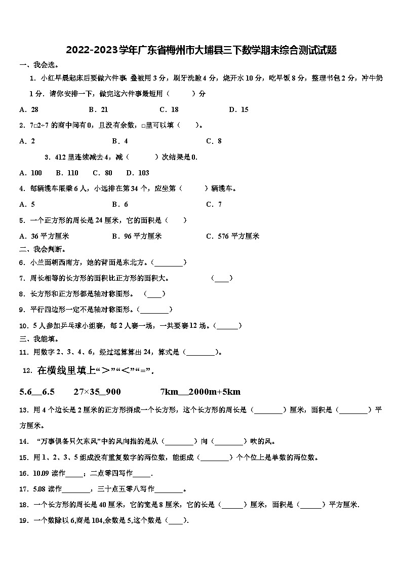 2022-2023学年广东省梅州市大埔县三下数学期末综合测试试题含解析01
