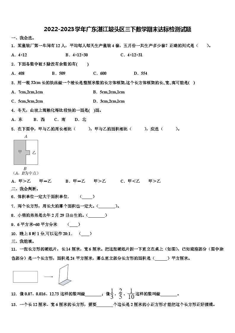 2022-2023学年广东湛江坡头区三下数学期末达标检测试题含解析第1页
