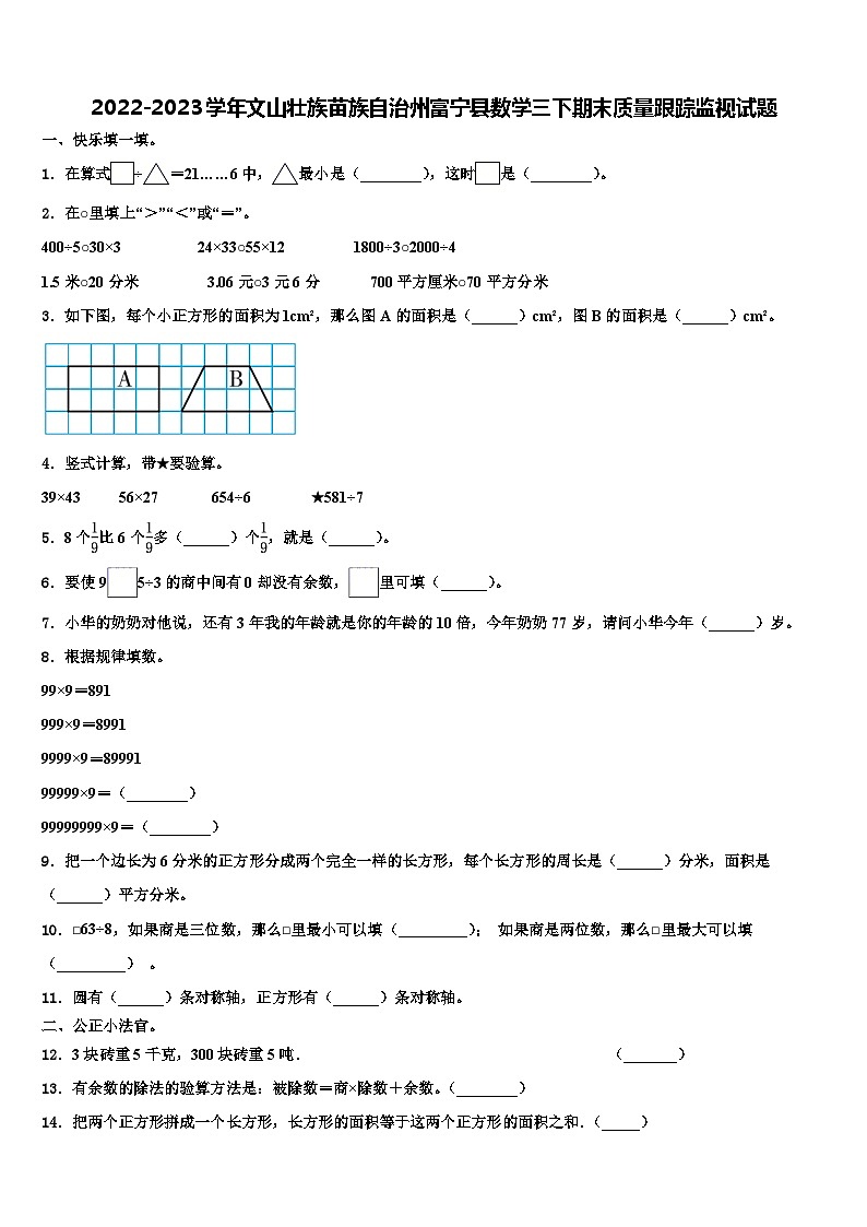 2022-2023学年文山壮族苗族自治州富宁县数学三下期末质量跟踪监视试题含解析01