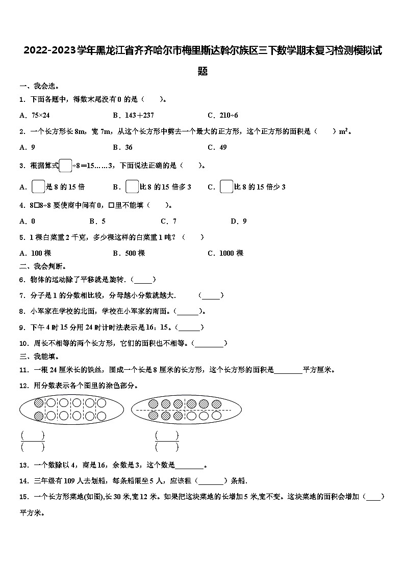 2022-2023学年黑龙江省齐齐哈尔市梅里斯达斡尔族区三下数学期末复习检测模拟试题含解析第1页