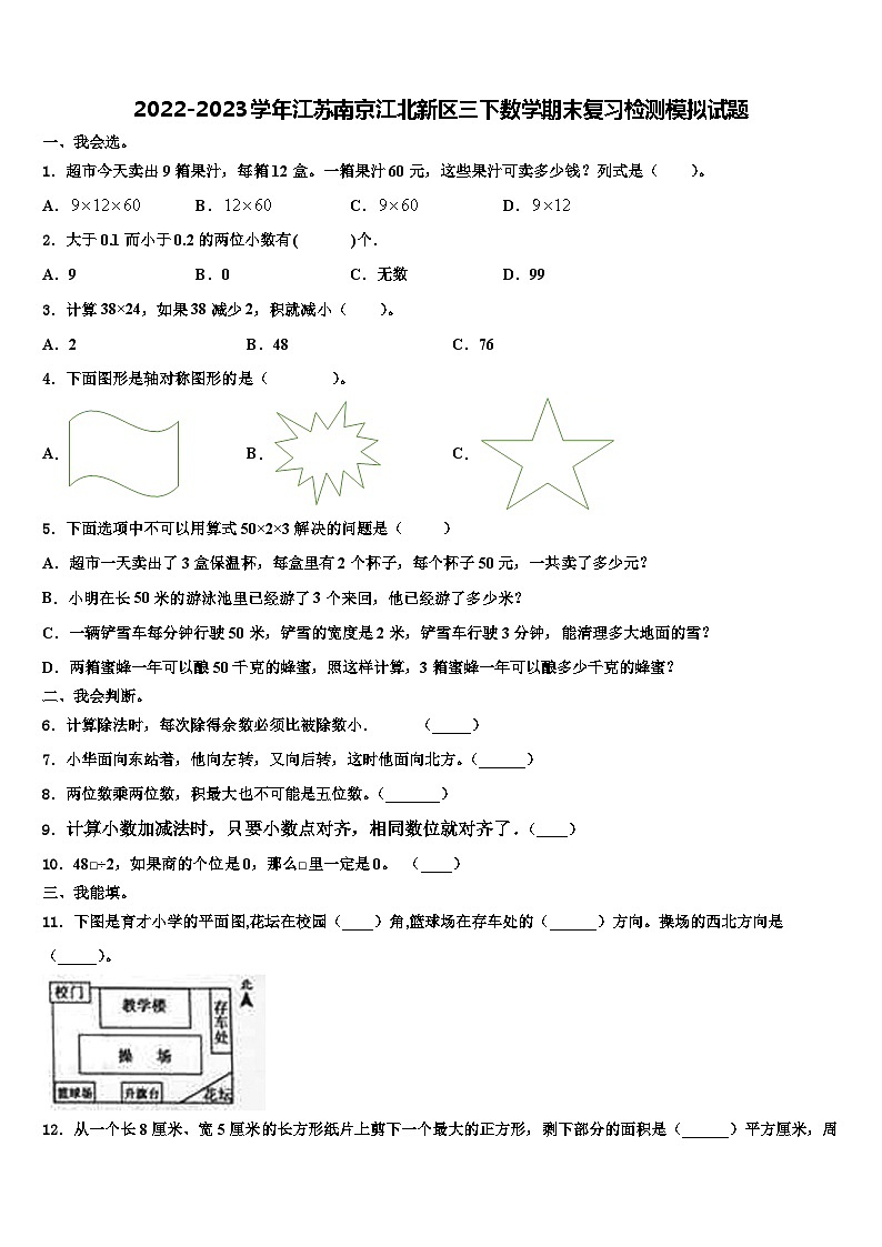 2022-2023学年江苏南京江北新区三下数学期末复习检测模拟试题含解析01