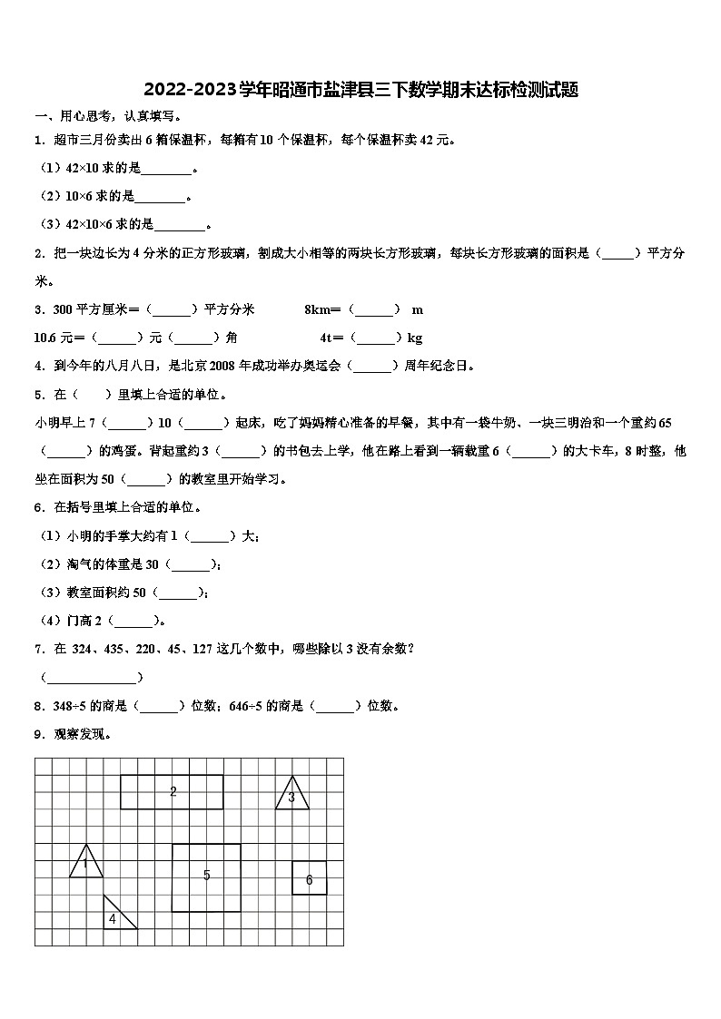 2022-2023学年昭通市盐津县三下数学期末达标检测试题含解析第1页