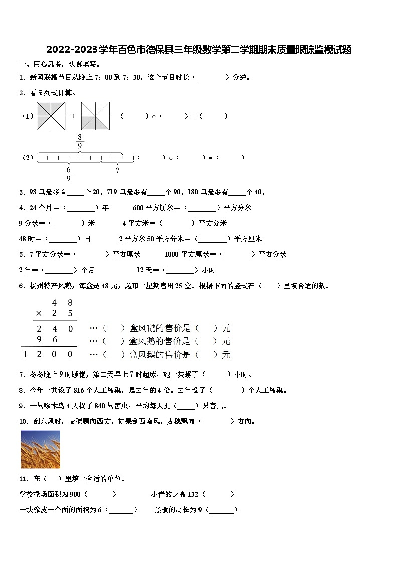 2022-2023学年百色市德保县三年级数学第二学期期末质量跟踪监视试题含解析第1页