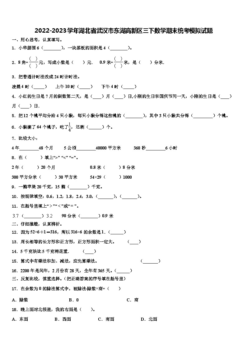 2022-2023学年湖北省武汉市东湖高新区三下数学期末统考模拟试题含解析01