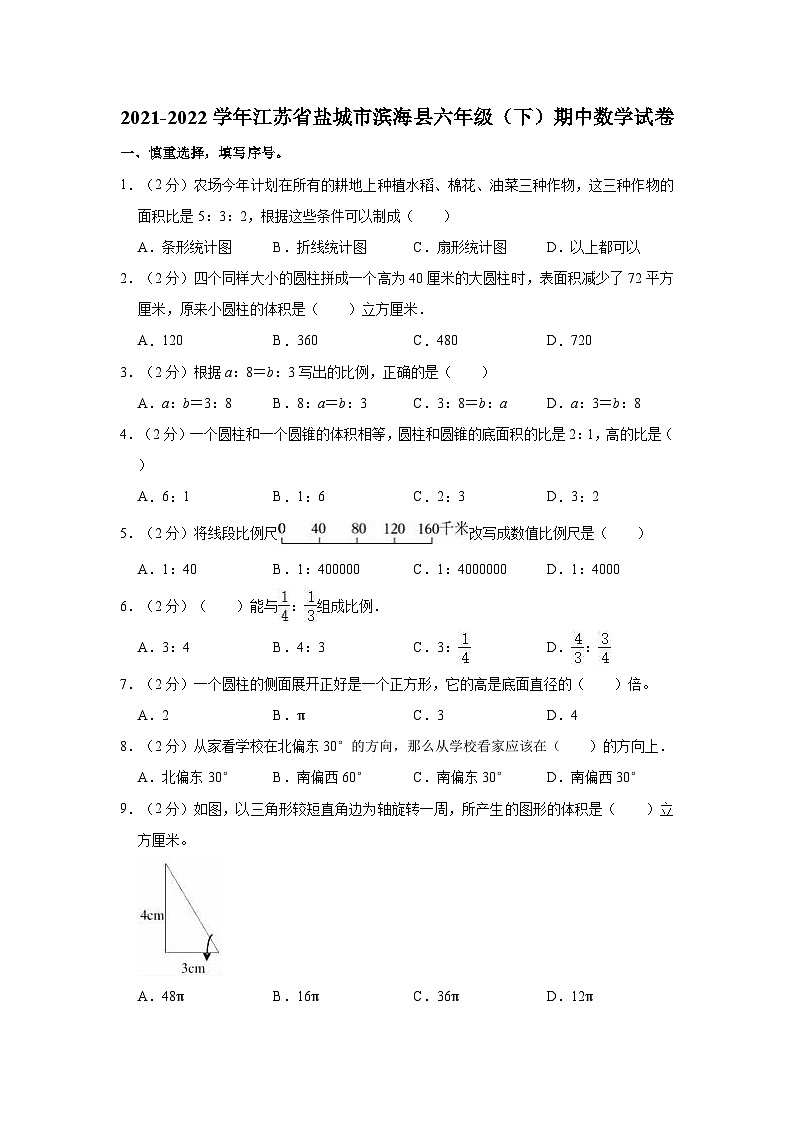2021-2022学年江苏省盐城市滨海县六年级（下）期中数学试卷01