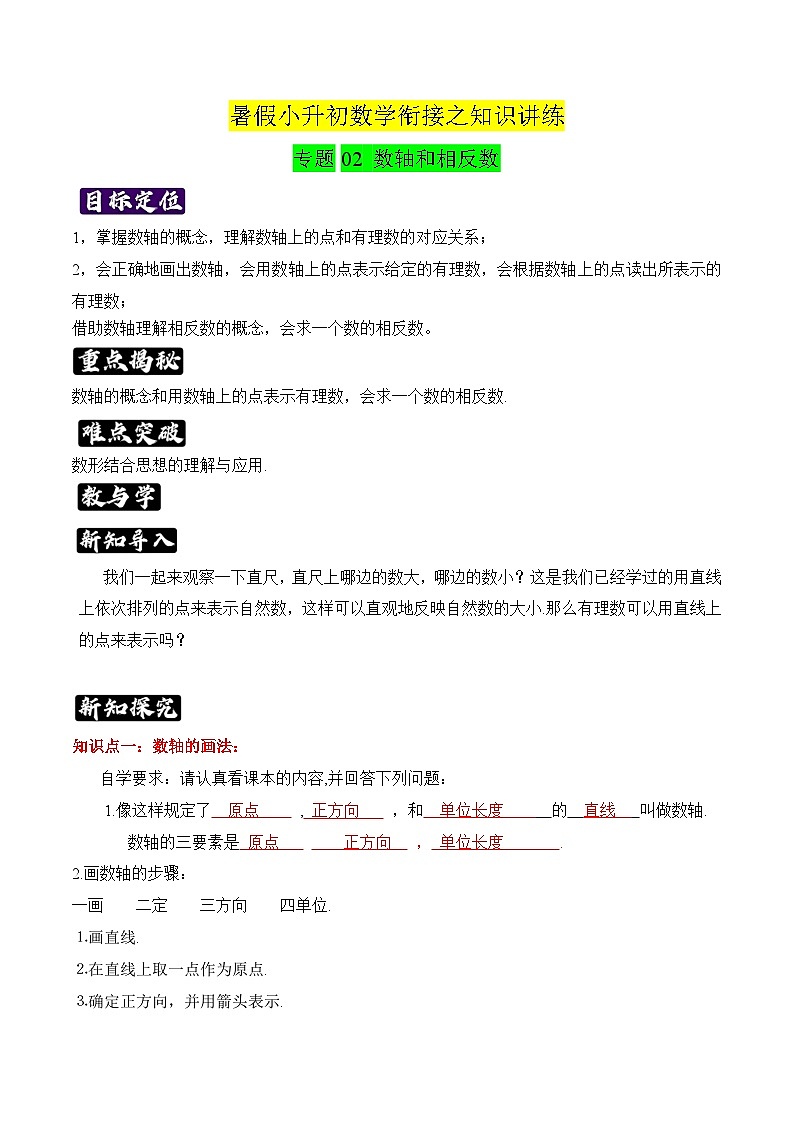 专题02《数轴和相反数》知识讲练-暑假小升初数学衔接（人教版）（解析版）第1页