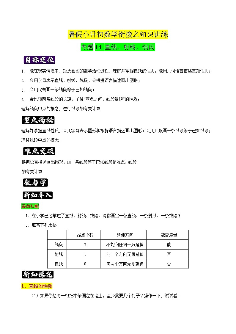 专题14《直线、射线、线段》知识讲练-暑假小升初数学衔接（人教版）（解析版）第1页