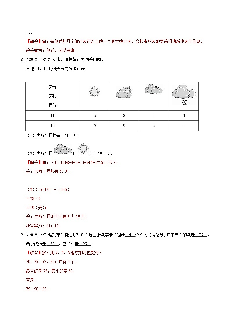 第一部分：人教版三年级数学下册知识复习精选题——05《统计与搭配》03