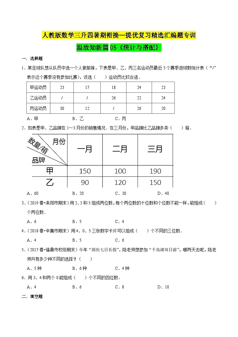 第一部分：人教版三年级数学下册知识复习精选题——05《统计与搭配》01
