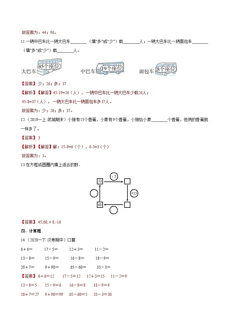 第一部分：人教版一年级数学下册知识复习精选题 ——01《20以内的退位减法、100以内数的认识》03