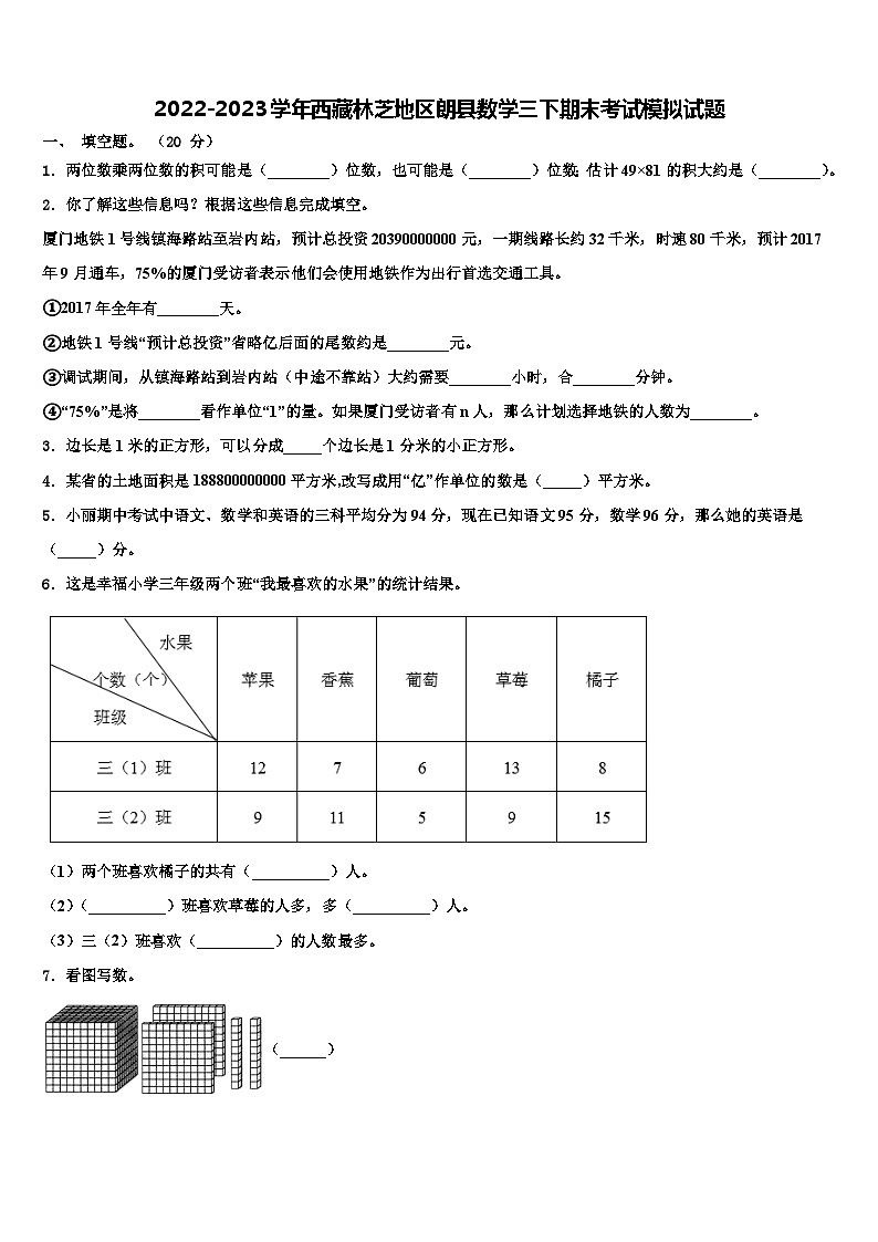 2022-2023学年西藏林芝地区朗县数学三下期末考试模拟试题含解析第1页