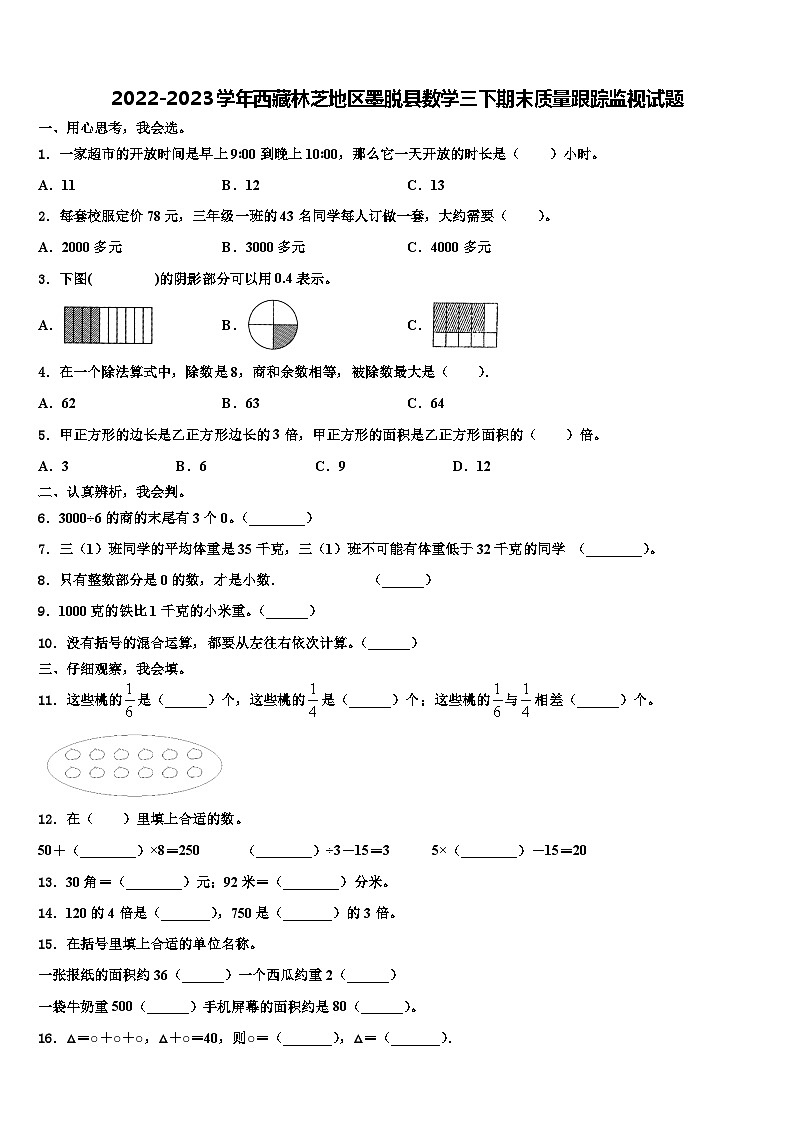 2022-2023学年西藏林芝地区墨脱县数学三下期末质量跟踪监视试题含解析第1页