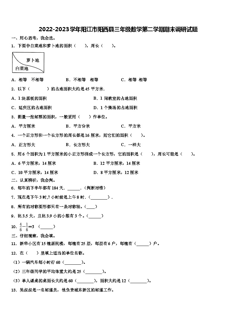 2022-2023学年阳江市阳西县三年级数学第二学期期末调研试题含解析01