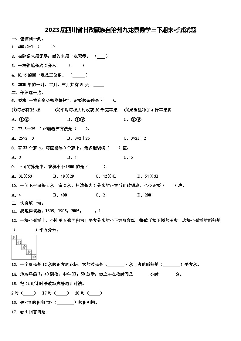 2023届四川省甘孜藏族自治州九龙县数学三下期末考试试题含解析第1页