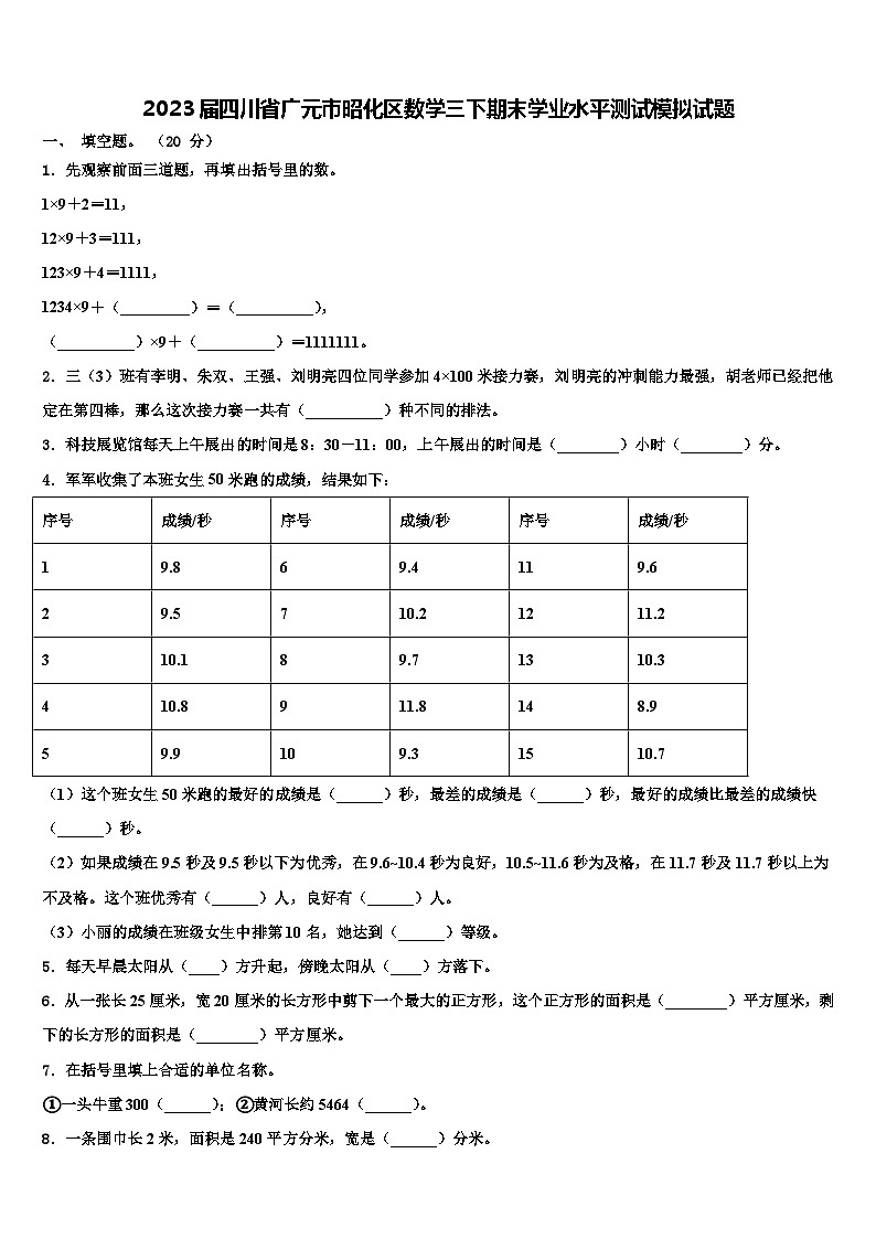 2023届四川省广元市昭化区数学三下期末学业水平测试模拟试题含解析01