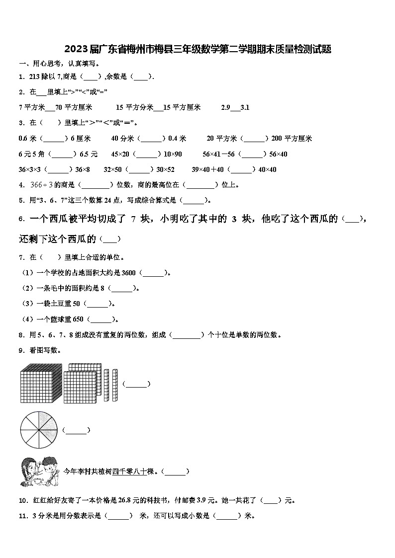 2023届广东省梅州市梅县三年级数学第二学期期末质量检测试题含解析01