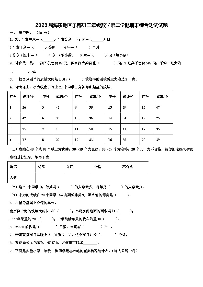 2023届海东地区乐都县三年级数学第二学期期末综合测试试题含解析第1页
