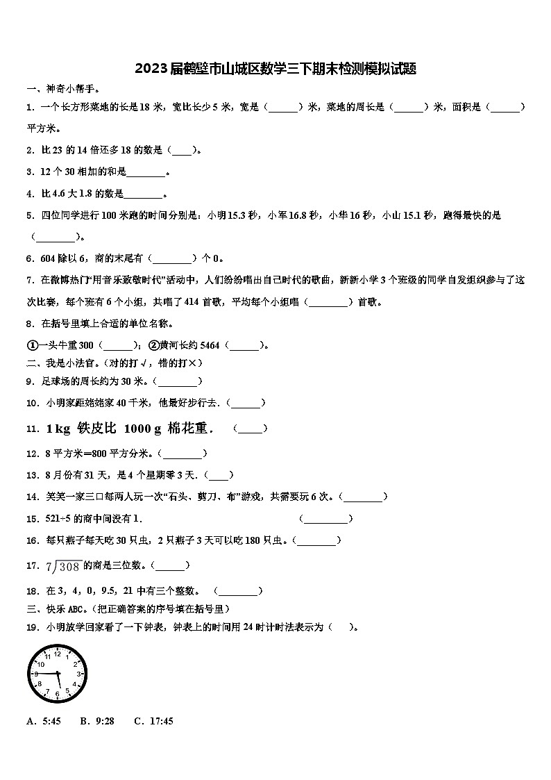 2023届鹤壁市山城区数学三下期末检测模拟试题含解析01