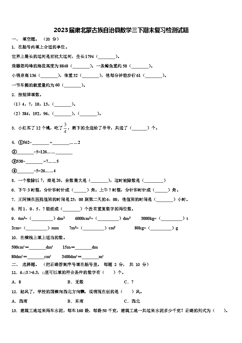 2023届肃北蒙古族自治县数学三下期末复习检测试题含解析01
