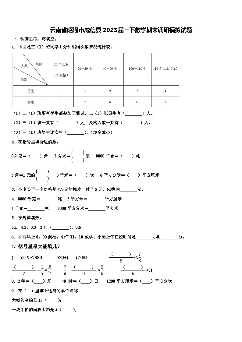云南省昭通市威信县2023届三下数学期末调研模拟试题含解析01