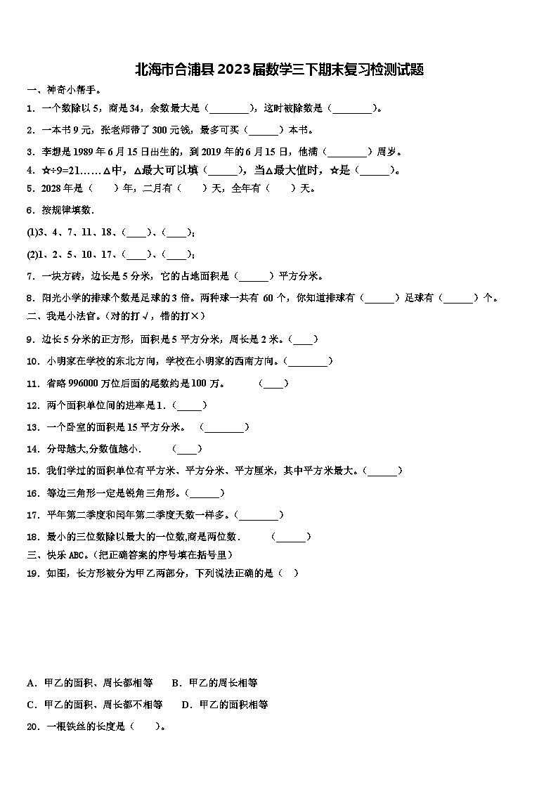 北海市合浦县2023届数学三下期末复习检测试题含解析第1页