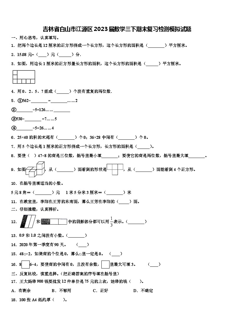 吉林省白山市江源区2023届数学三下期末复习检测模拟试题含解析01