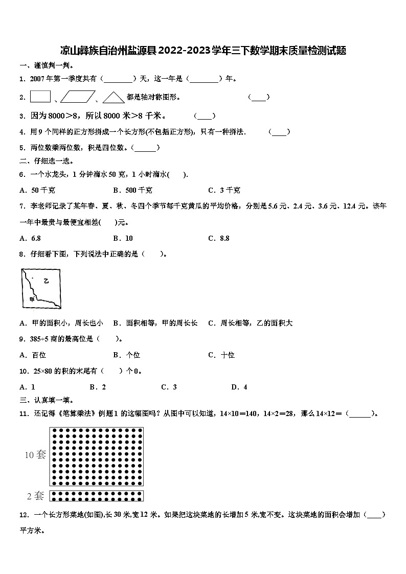 凉山彝族自治州盐源县2022-2023学年三下数学期末质量检测试题含解析第1页