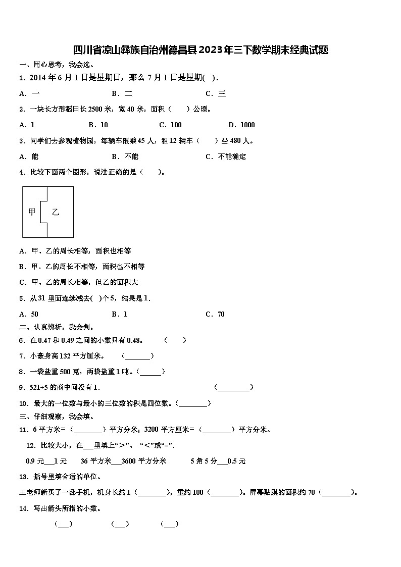 四川省凉山彝族自治州德昌县2023年三下数学期末经典试题含解析第1页