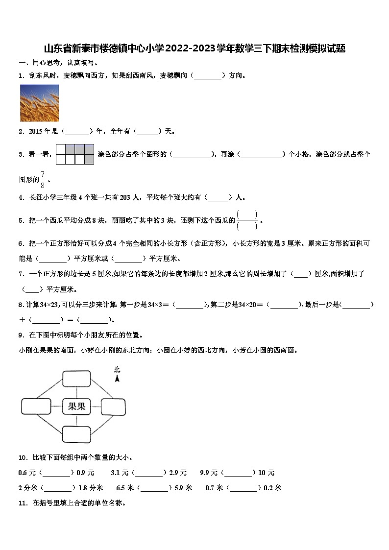 山东省新泰市楼德镇中心小学2022-2023学年数学三下期末检测模拟试题含解析01