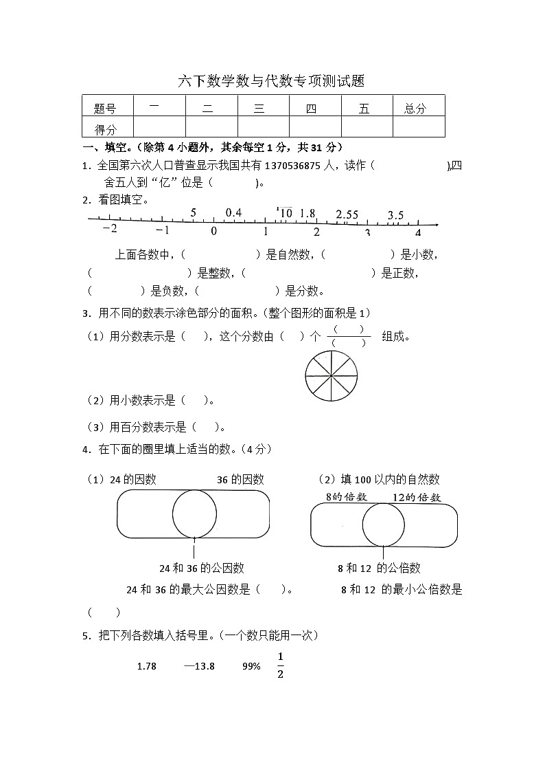 数与代数专项测试题（综合复习）人教版六年级下册数学（无答案）01