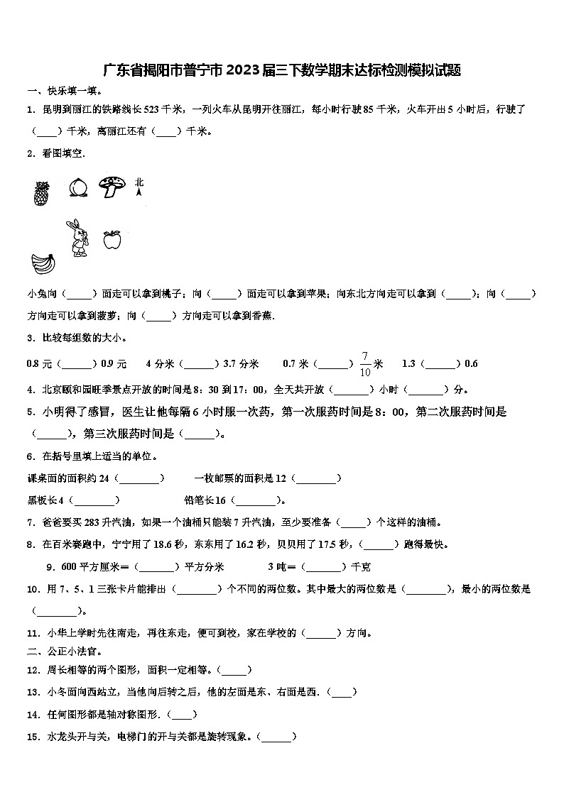 广东省揭阳市普宁市2023届三下数学期末达标检测模拟试题含解析01