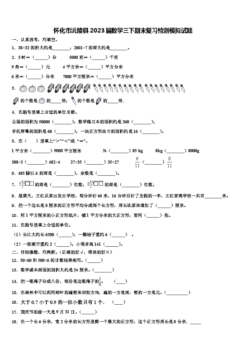 怀化市沅陵县2023届数学三下期末复习检测模拟试题含解析01