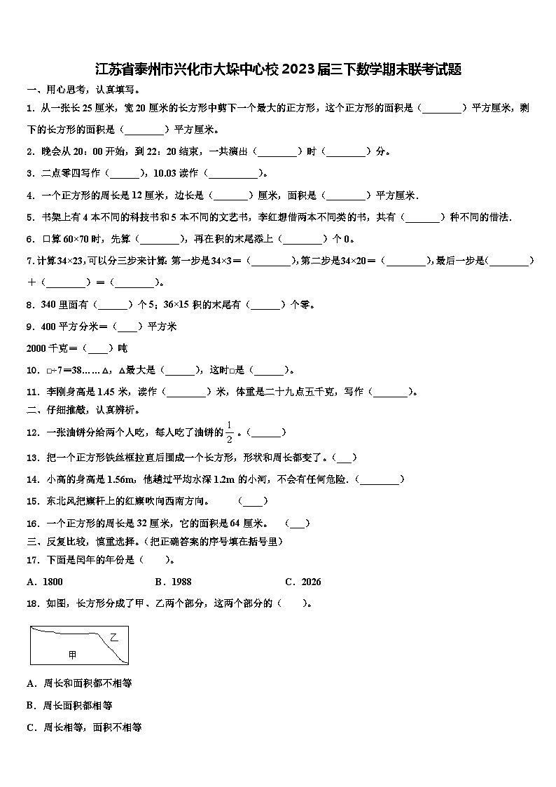 江苏省泰州市兴化市大垛中心校2023届三下数学期末联考试题含解析01