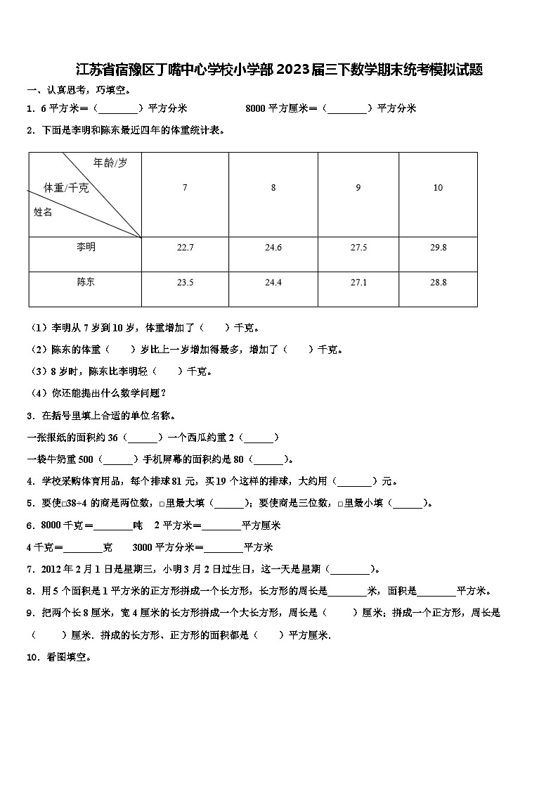 江苏省宿豫区丁嘴中心学校小学部2023届三下数学期末统考模拟试题含解析第1页