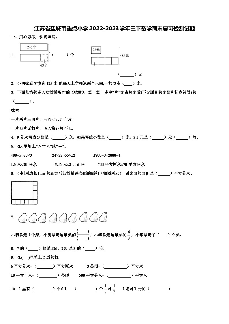 江苏省盐城市重点小学2022-2023学年三下数学期末复习检测试题含解析第1页